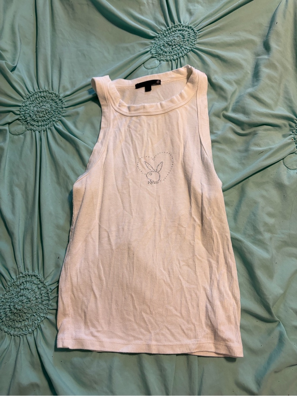 White Ribbed Tank Top with Heart Bunny Detail - Women
